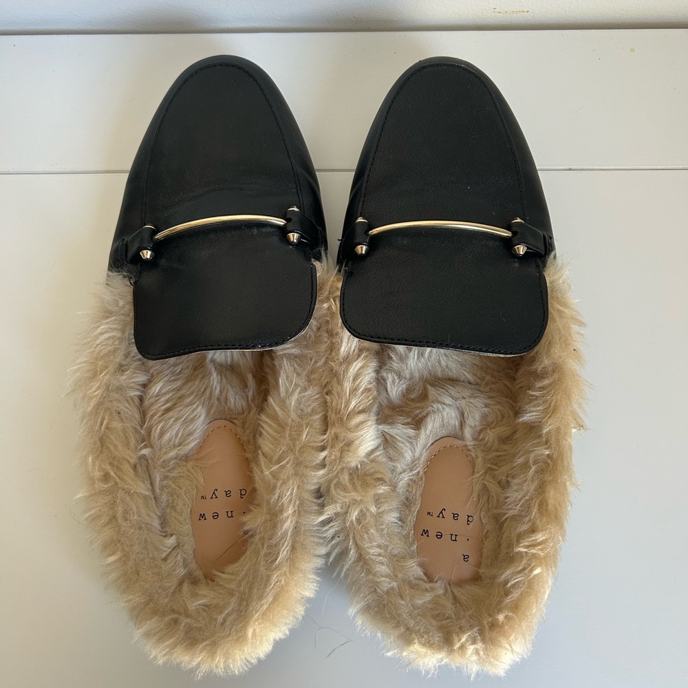 A New Day Black Loafers with Tan Faux Fur